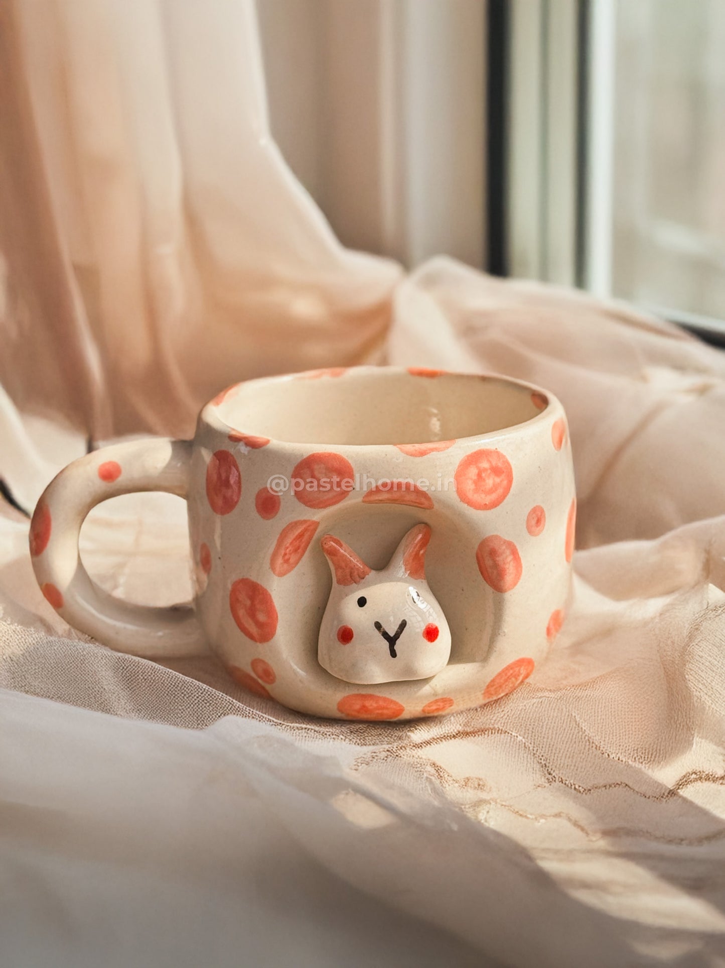 Peach Polka Dot 3D Bunny Toy Mug