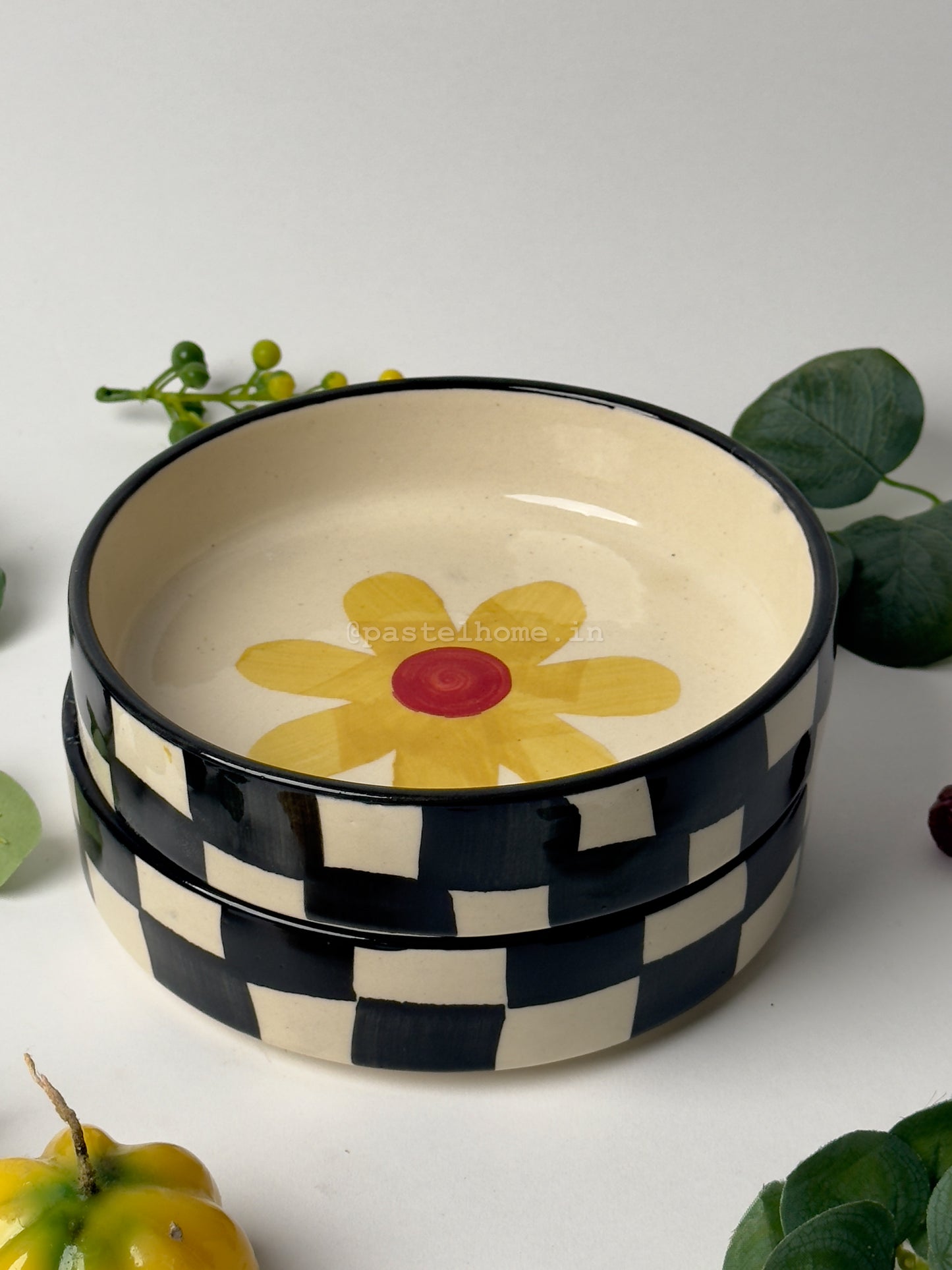 Flower and Chessboard Serving Bowl