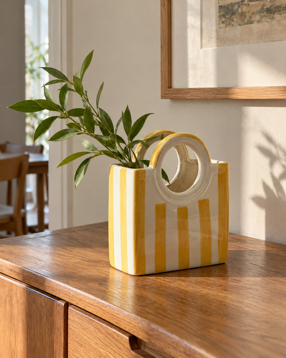 Yellow Striped Ceramic Basket Vase, styled in a home setting