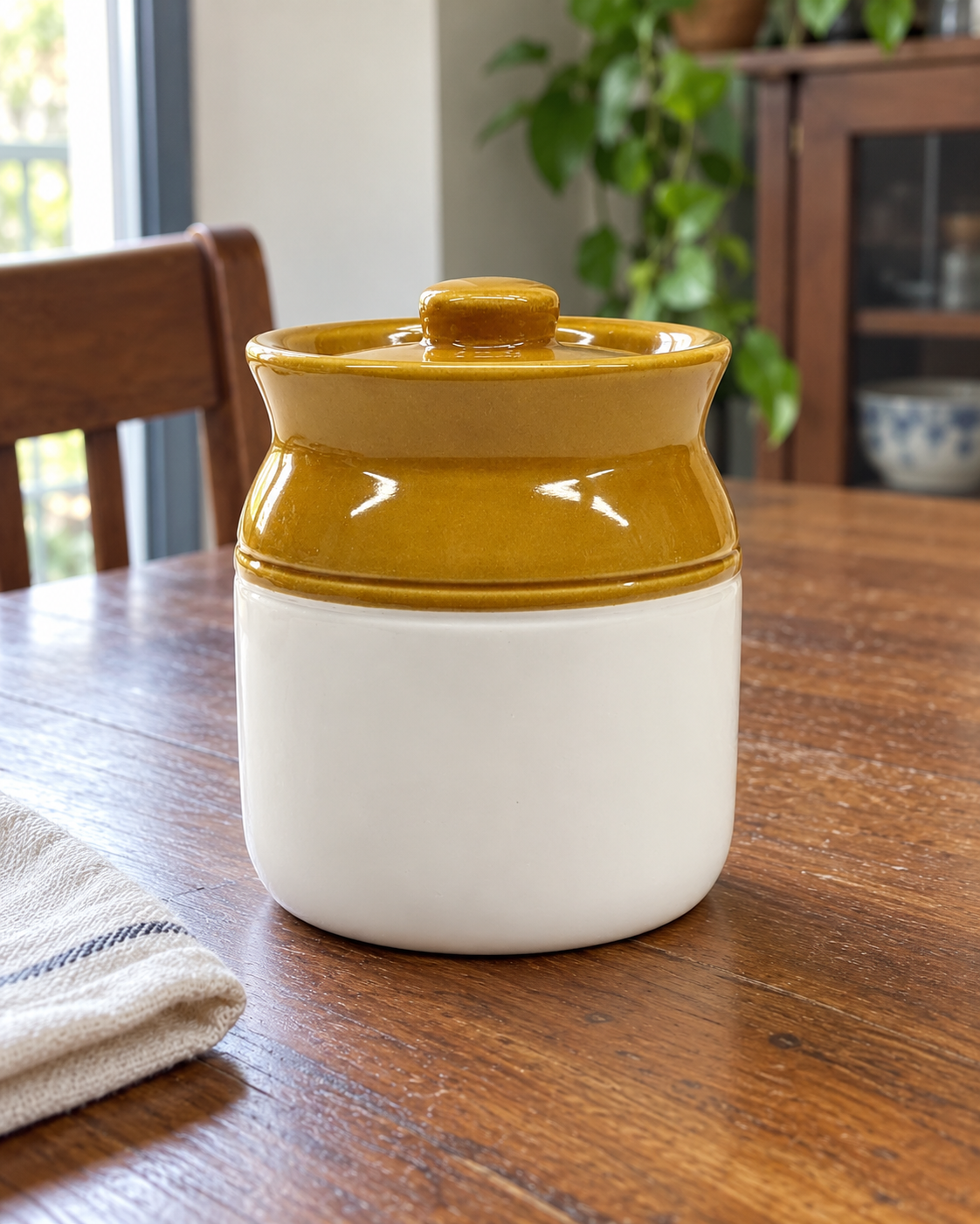 Classic Brown and White Ceramic Pickle Jar - 500 ml, styled in a home setting
