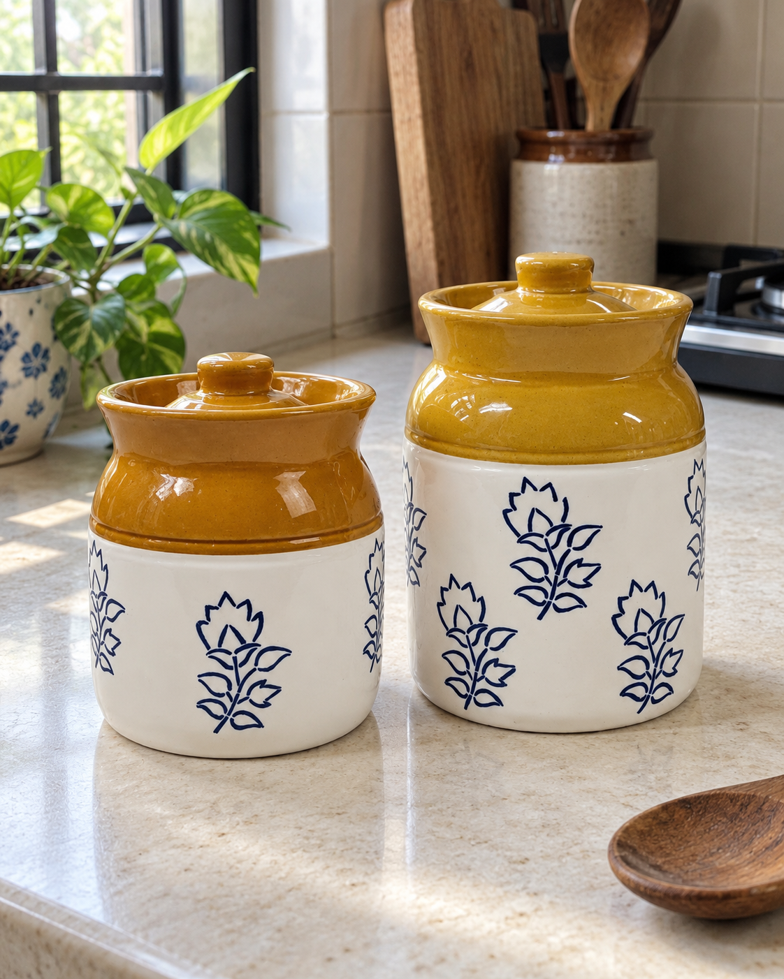 Blue Botanical Ceramic Pickle Jar - 500 ml — styling display; sold individually