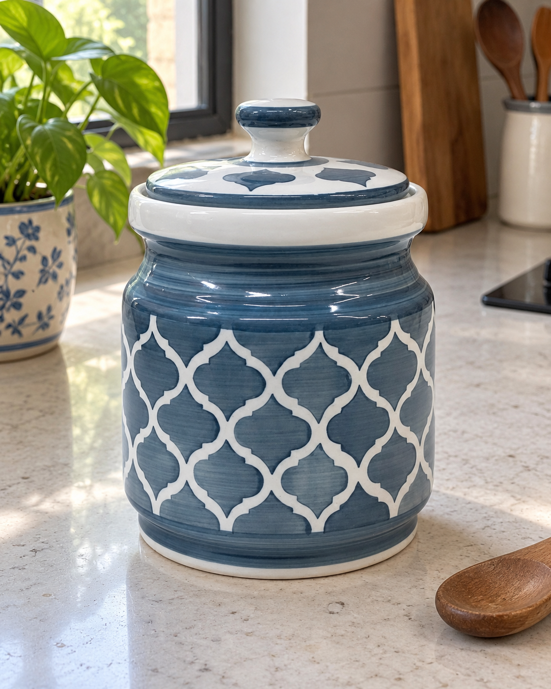 Grey Geometric Ceramic Pickle Jar - 1200 ml, styled in a home setting