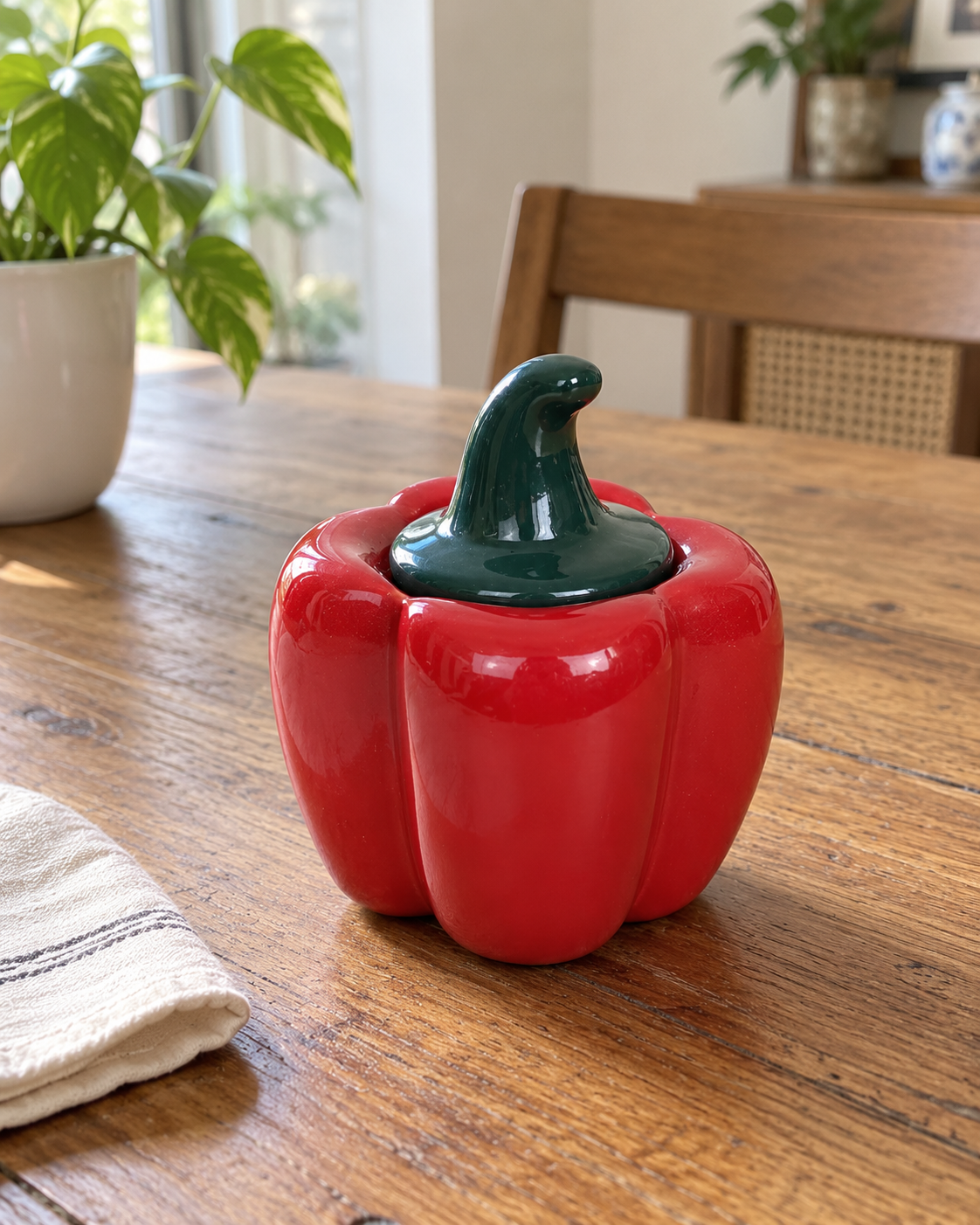 Red Capsicum Ceramic Pickle Jar - 500 ml, styled in a home setting
