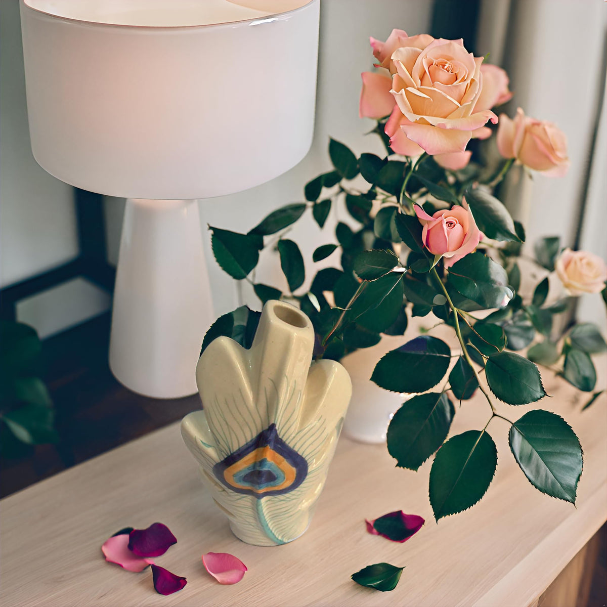 Peacock Feather Ceramic Vase - home lifestyle view