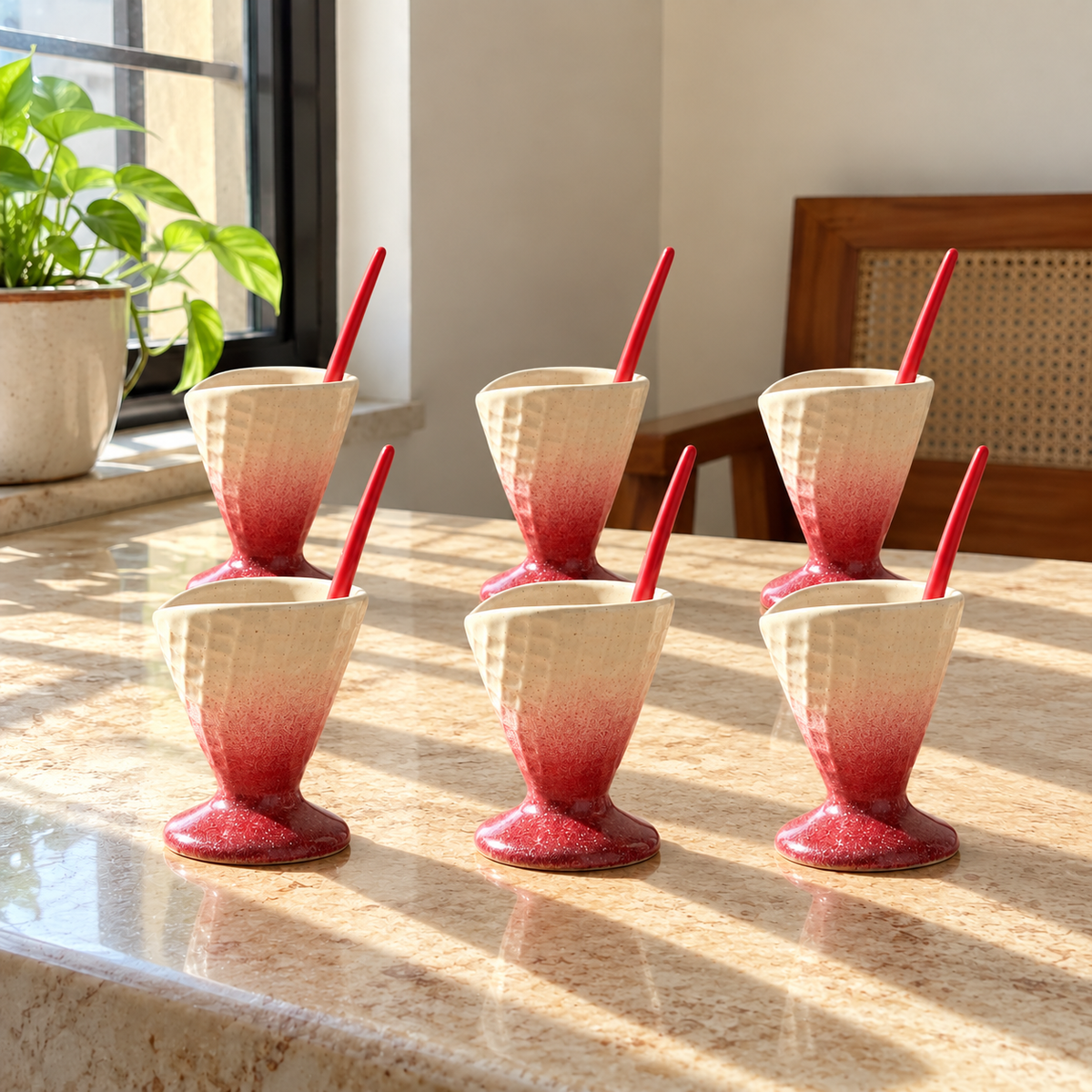 Red and Cream Ceramic Dessert Cups with Spoons - Set of 6 - home lifestyle view