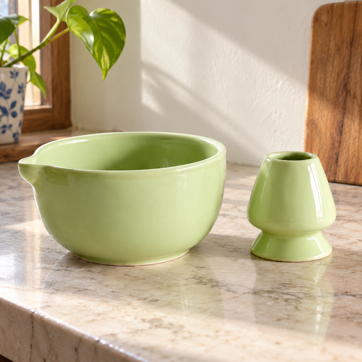 Green Mist Ceramic Matcha Bowl & Whisk Holder Set - home lifestyle view