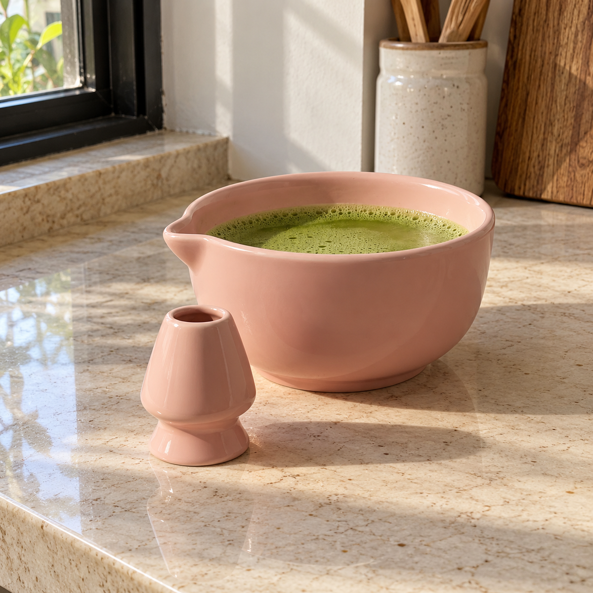 Pink Blush Ceramic Matcha Bowl & Whisk Holder Set - home lifestyle view