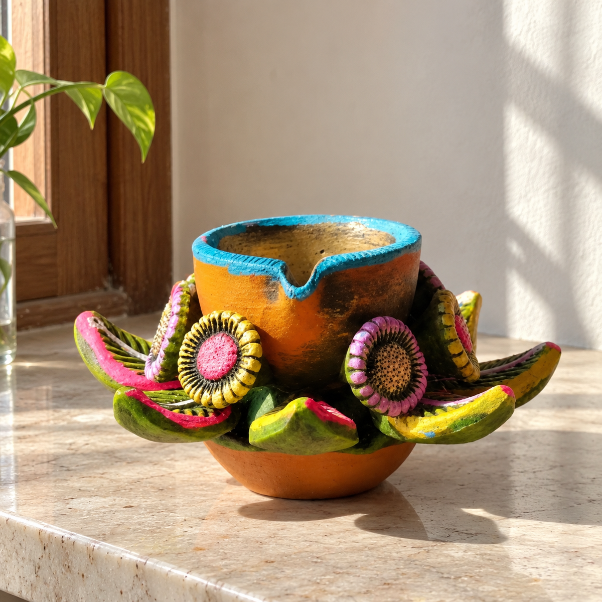 Hand-Painted Multicolor Flower Urli - home lifestyle view