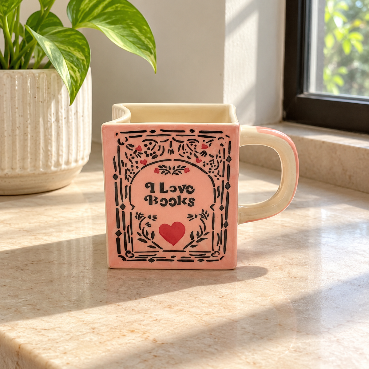 I Love Books Ceramic Mug - Coral Pink - home lifestyle view