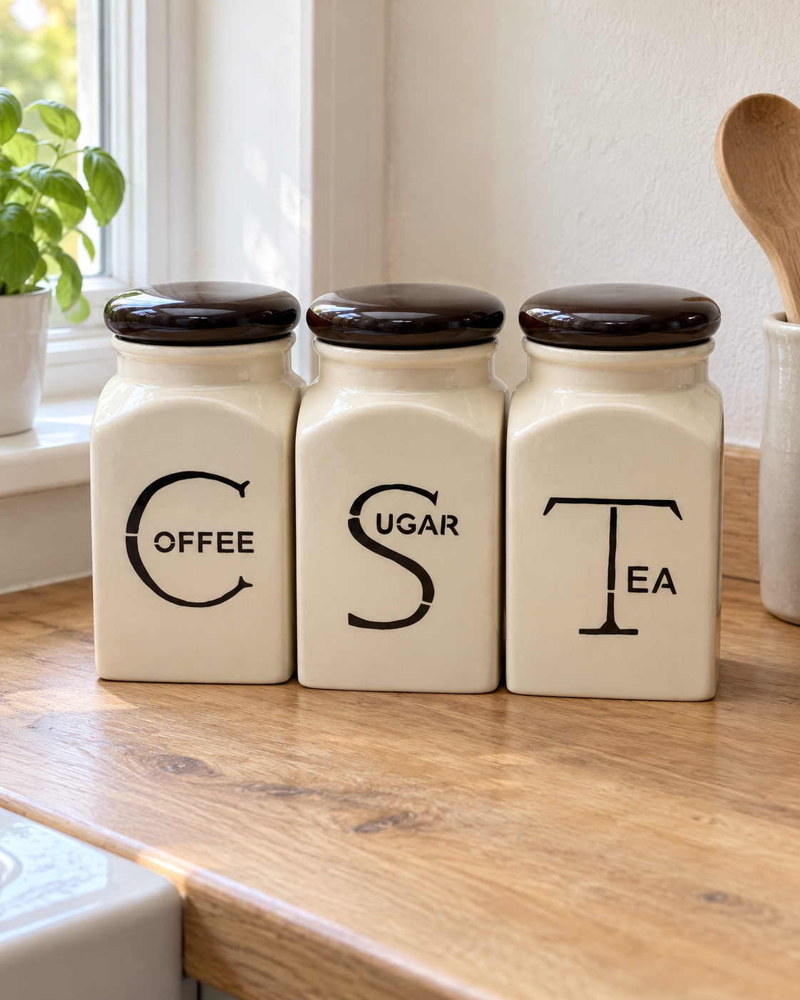 Tea Coffee and Sugar Ceramic Canisters - Black Lids, Set of 3 — kitchen lifestyle