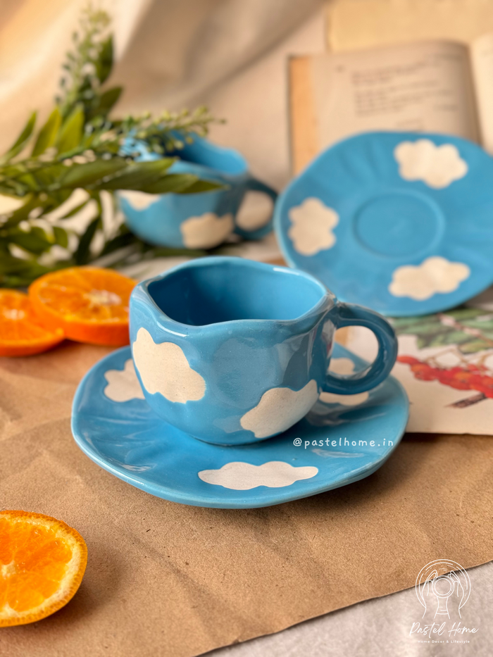 Pastel Blue Cloud Coffee Mug and Saucer Set