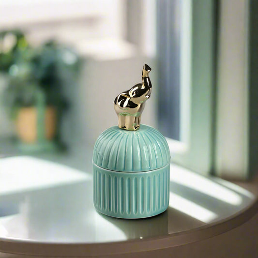 Golden Elephant Ceramic Jar with Golden Elephant lid top - Mint Green