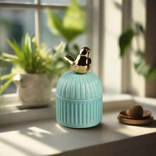 Golden Perch Ceramic Jar with Golden Bird lid top - Mint Green