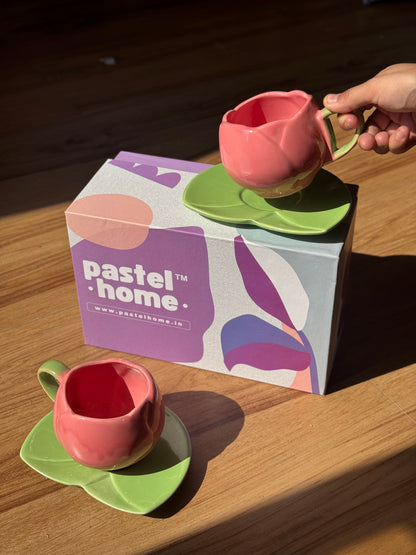 Pink Tulip Gift Box- 2 Mugs and 2 saucers in a Gift Box | Gifting ideas for Him/Her/Birthday/Anniversary/Valentines/Friendship Day