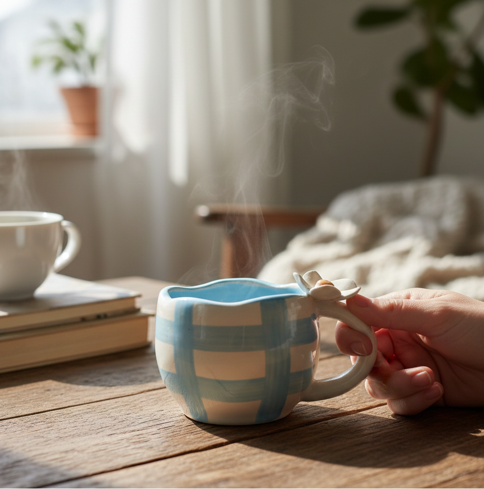 Daisy Flower on Handle Mug - Blue