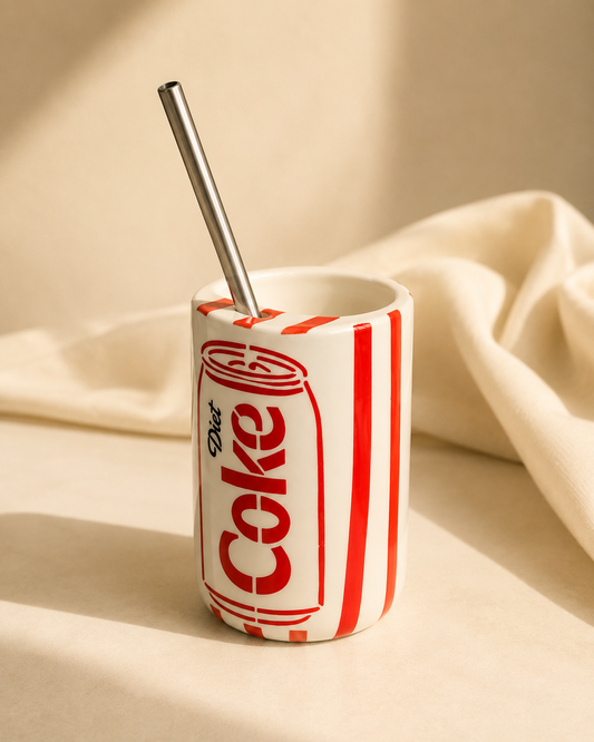 Retro diet cola can-inspired ceramic mug with stainless steel straw on an off-white golden hour background
