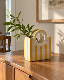 Yellow Striped Ceramic Basket Vase, styled in a home setting