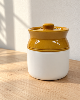 Classic Brown and White Ceramic Pickle Jar - 500 ml, photographed in natural sunlight