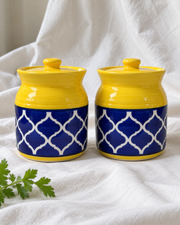 Yellow and Blue Geometric Ceramic Pickle Jar - 500 ml — styling display; sold individually