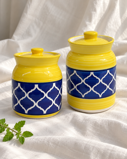Yellow and Blue Geometric Ceramic Pickle Jar - 500 ml — styling display; sold individually