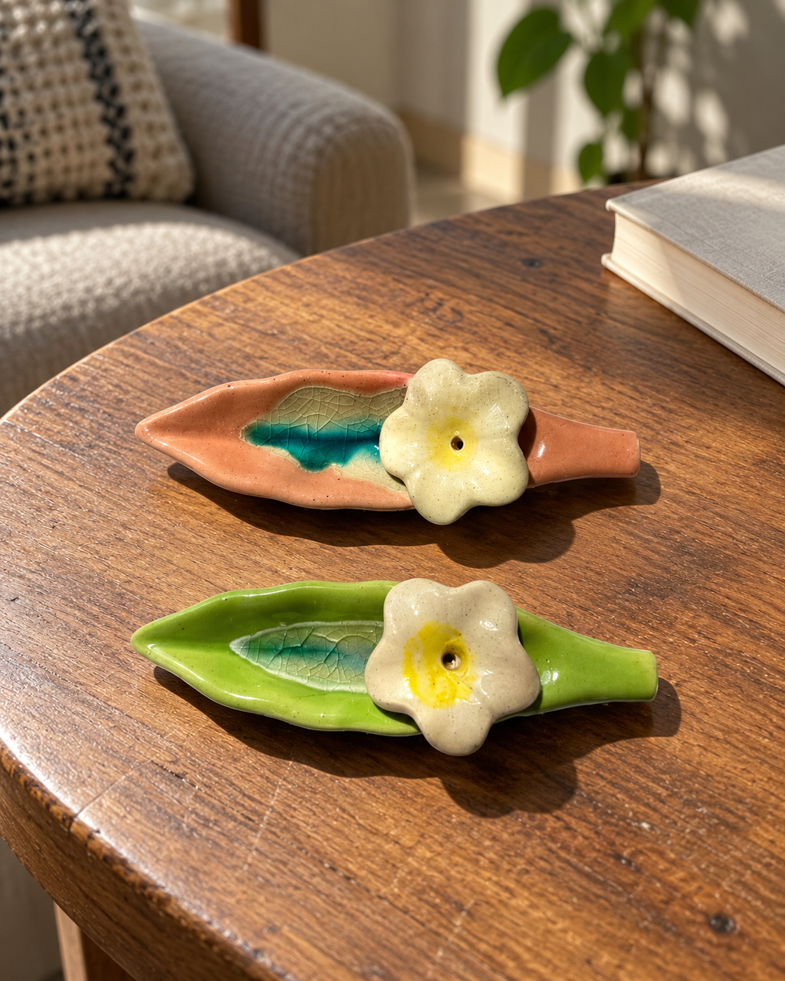 Leaf and Flower Ceramic Incense Holders - Green and Pink, Set of 2, styled in a home setting