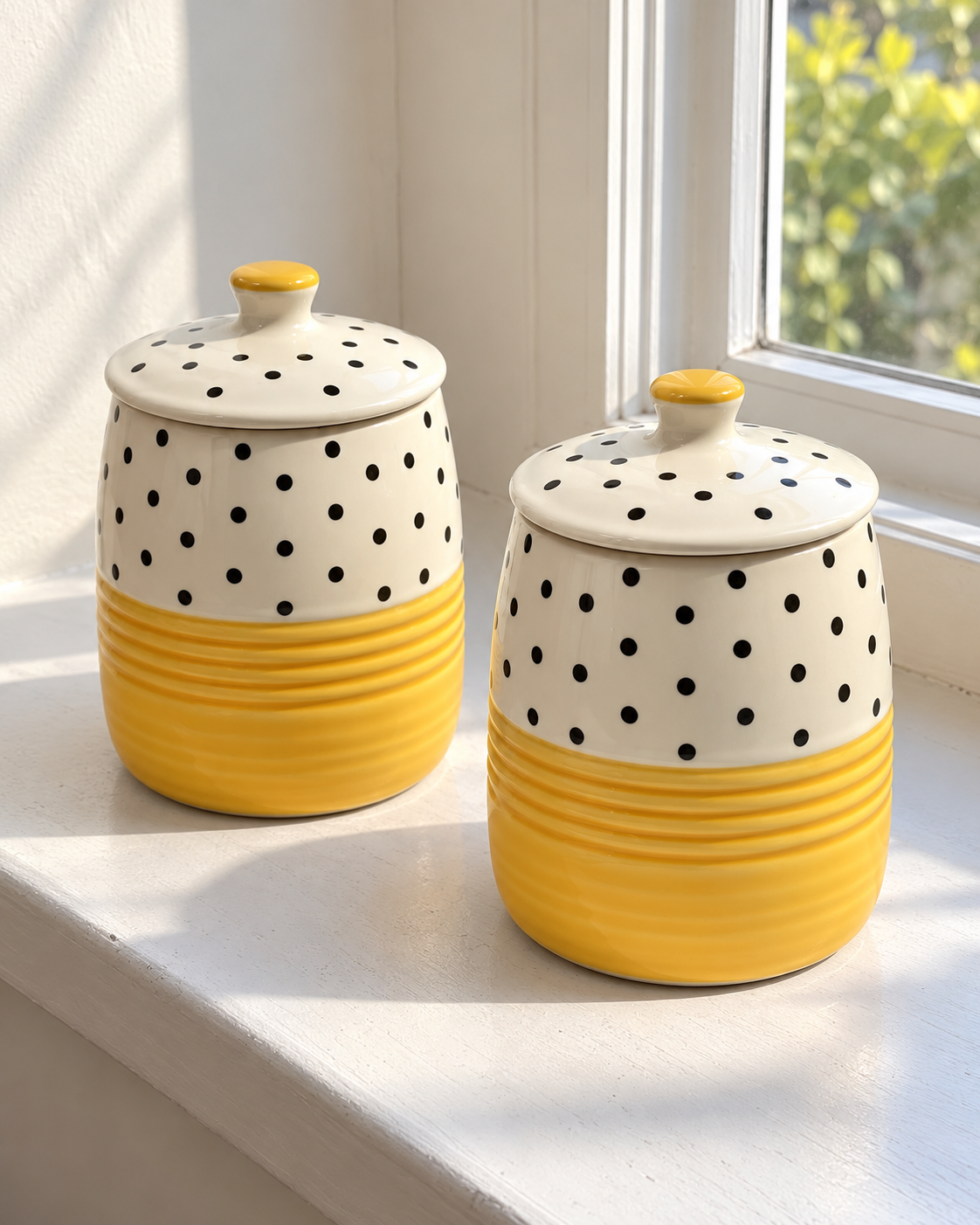 Yellow Polka Dot Ceramic Storage Jar — styling display; sold individually