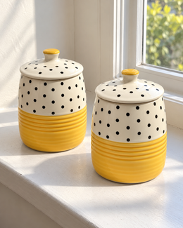 Yellow Polka Dot Ceramic Storage Jar — styling display; sold individually