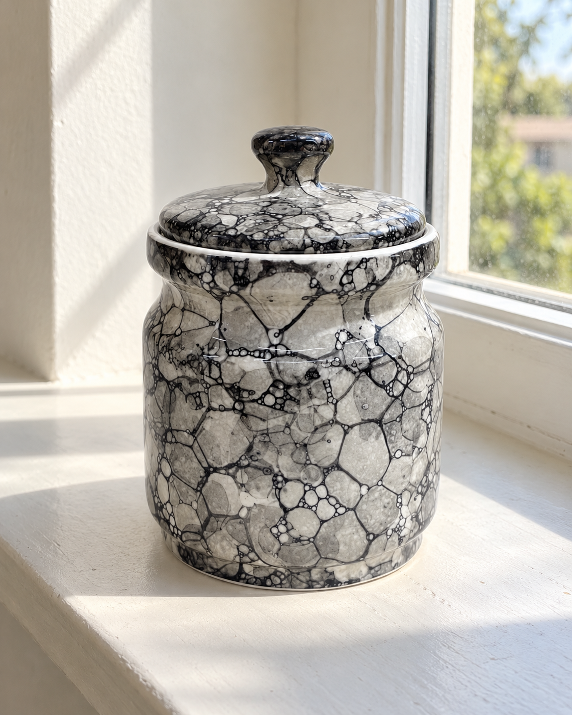 Black Marble Ceramic Pickle Jar - 1200 ml, photographed in natural sunlight