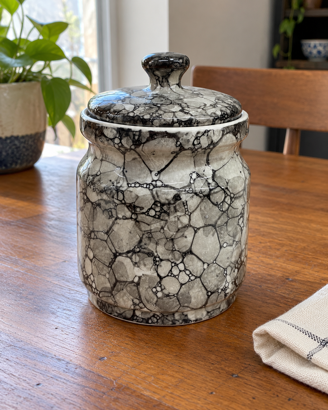 Black Marble Ceramic Pickle Jar - 1200 ml, styled in a home setting