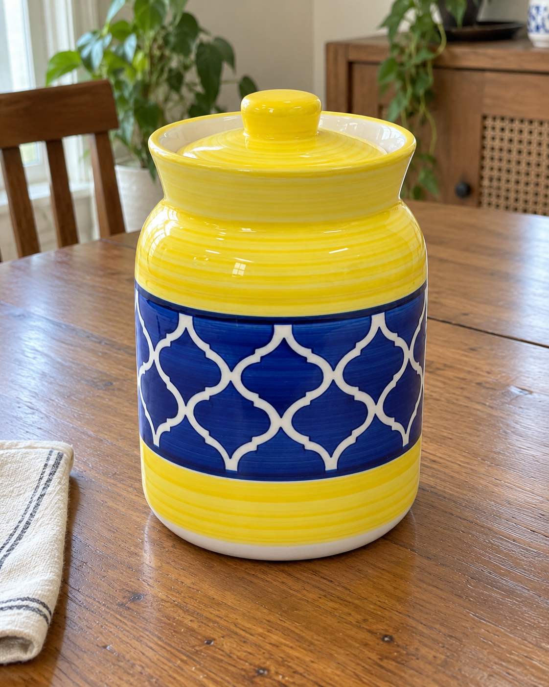 Yellow and Blue Geometric Ceramic Pickle Jar - 1000 ml, styled in a home setting