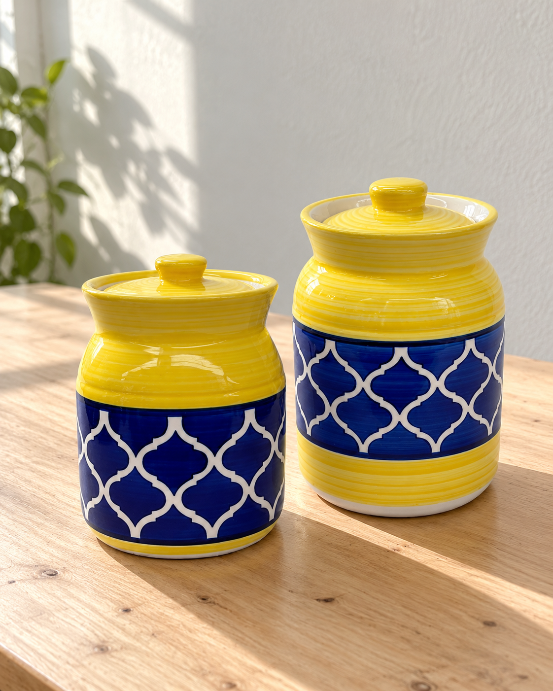 Yellow and Blue Geometric Ceramic Pickle Jar - 500 ml — styling display; sold individually