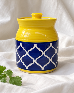 Yellow and Blue Geometric Ceramic Pickle Jar - 500 ml, displayed on fabric