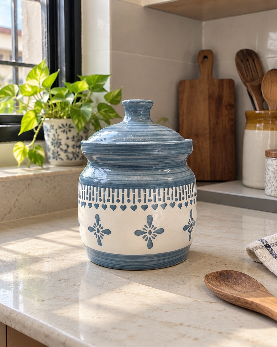 Grey Floral Border Ceramic Pickle Jar - 1000 ml, styled in a home setting