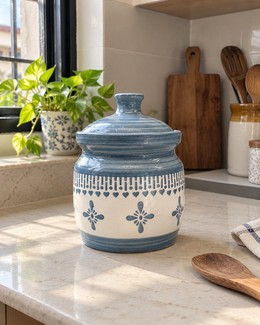 Grey Floral Border Ceramic Pickle Jar - 1000 ml, styled in a home setting