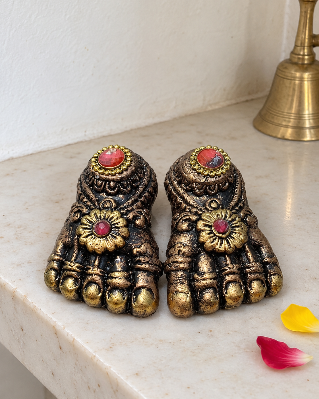 Antique Gold Lakshmi Charan - Pair, styled in a home setting