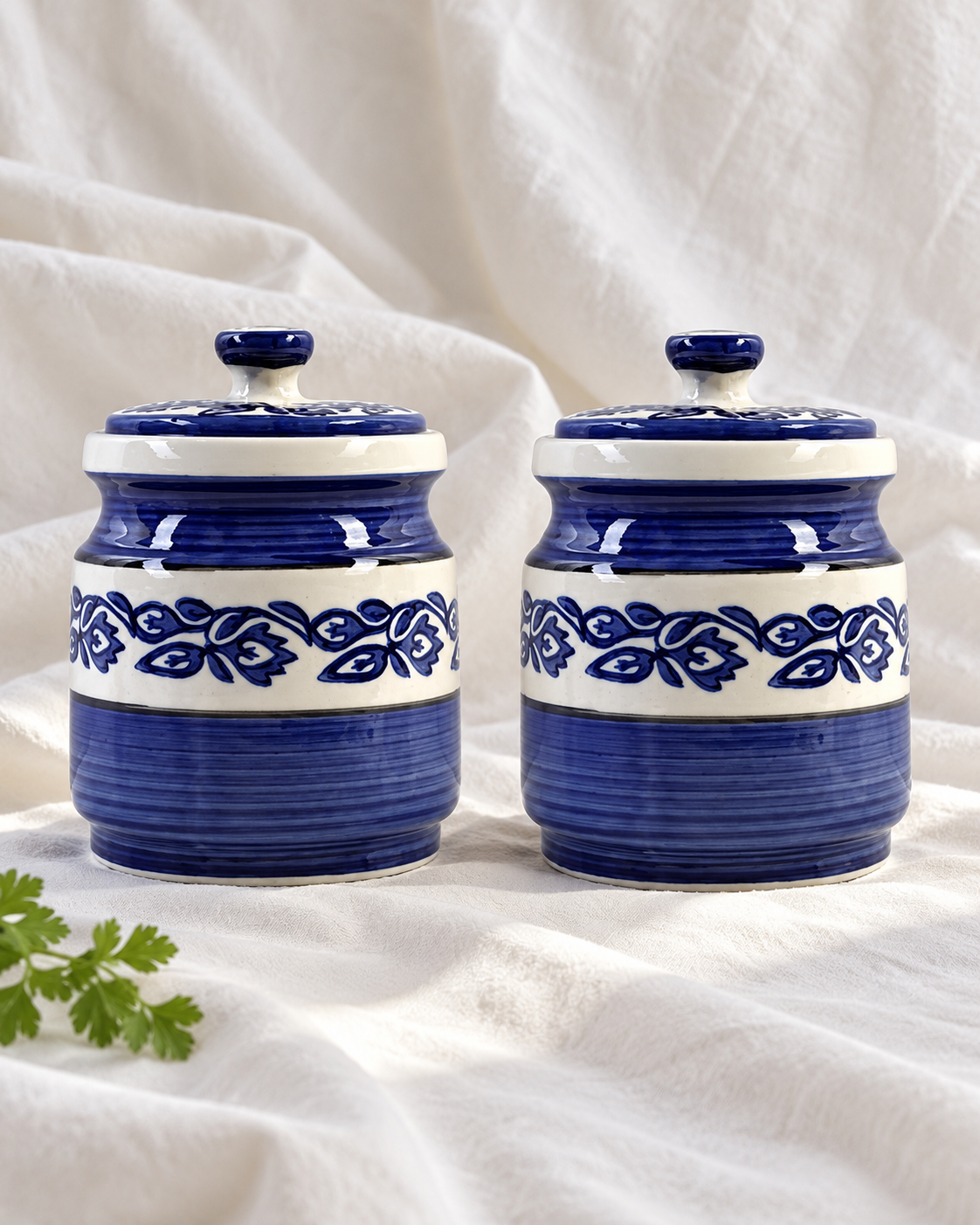 Blue Floral Ceramic Pickle Jar - 1200 ml — styling display; sold individually