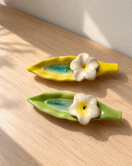 Leaf and Flower Ceramic Incense Holders - Yellow and Green, Set of 2, photographed in natural sunlight