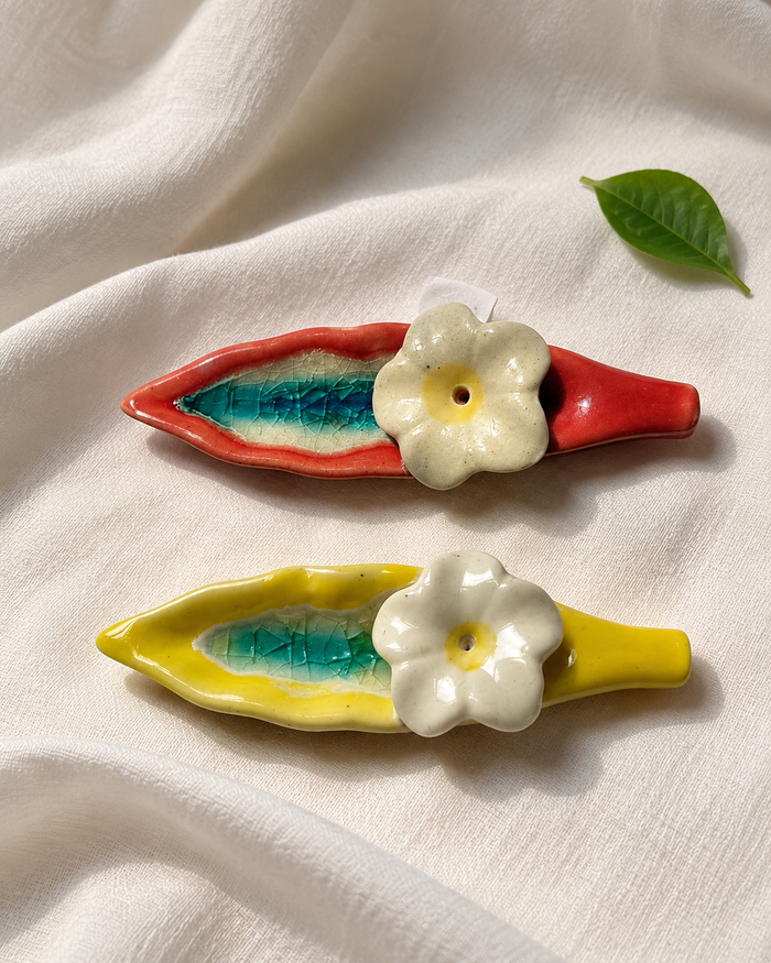 Leaf and Flower Ceramic Incense Holders - Red and Yellow, Set of 2