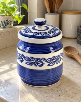 Blue Floral Ceramic Pickle Jar - 1200 ml, styled in a home setting