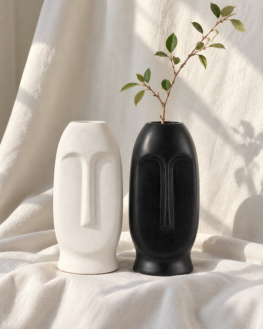 Black Sculptural Face Ceramic Vase — styling display; sold individually