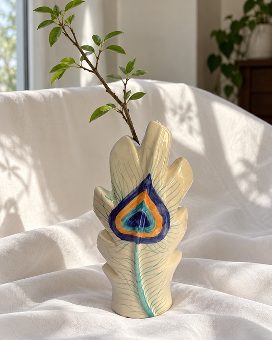 Peacock Feather Ceramic Vase, displayed on fabric
