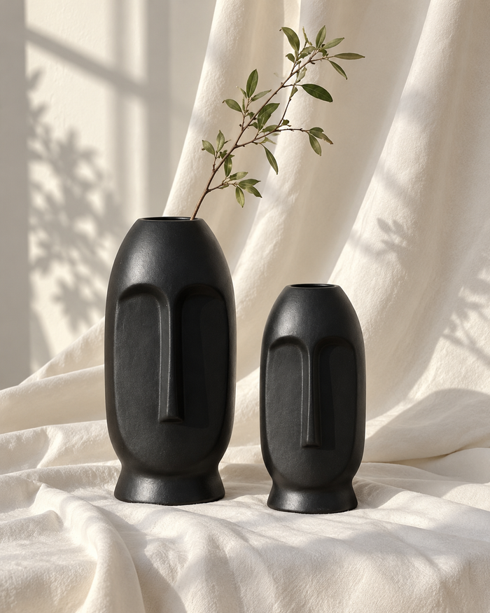 Black Sculptural Face Ceramic Vase - Small