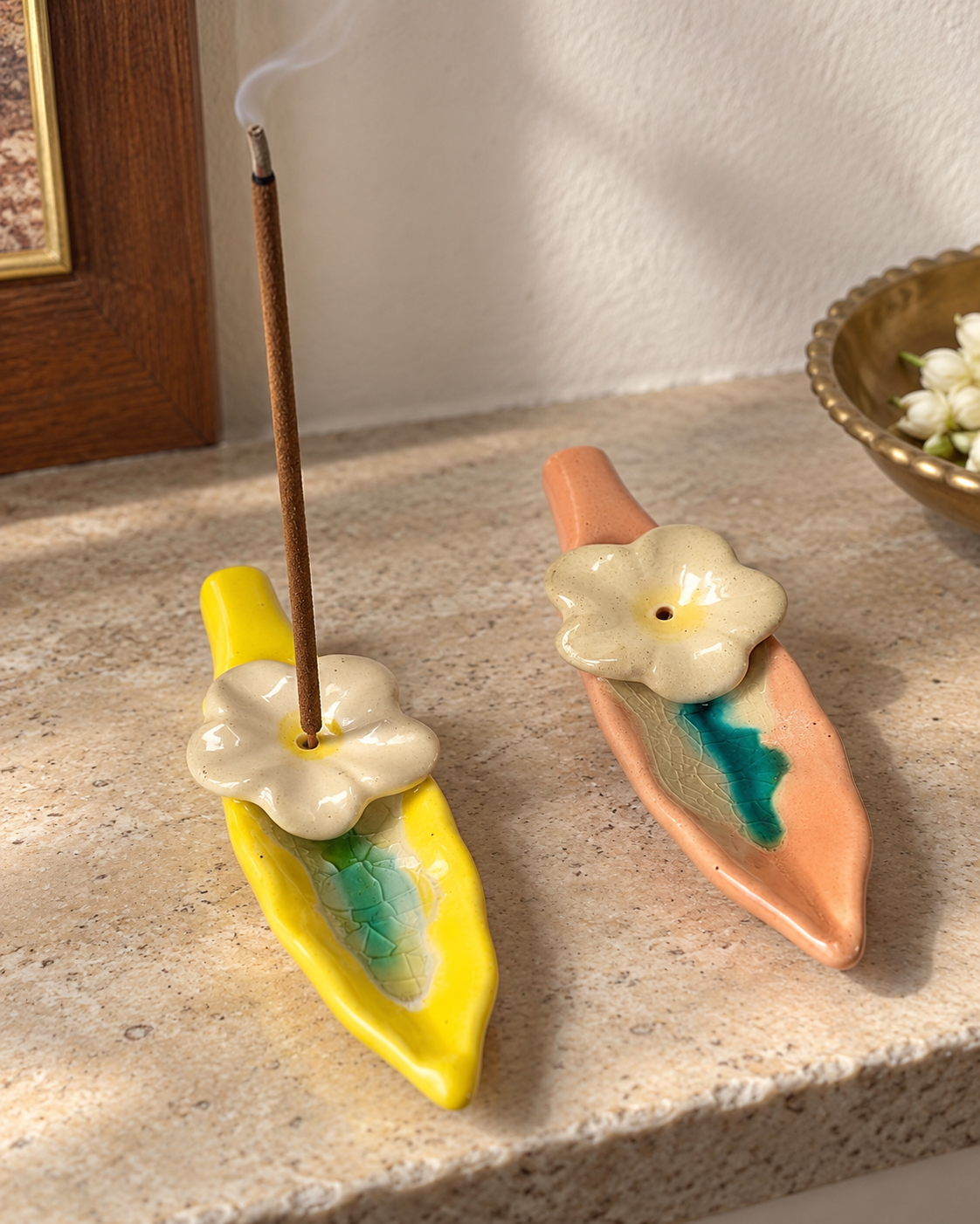 Leaf and Flower Ceramic Incense Holders - Yellow and Pink, Set of 2, styled in a home setting
