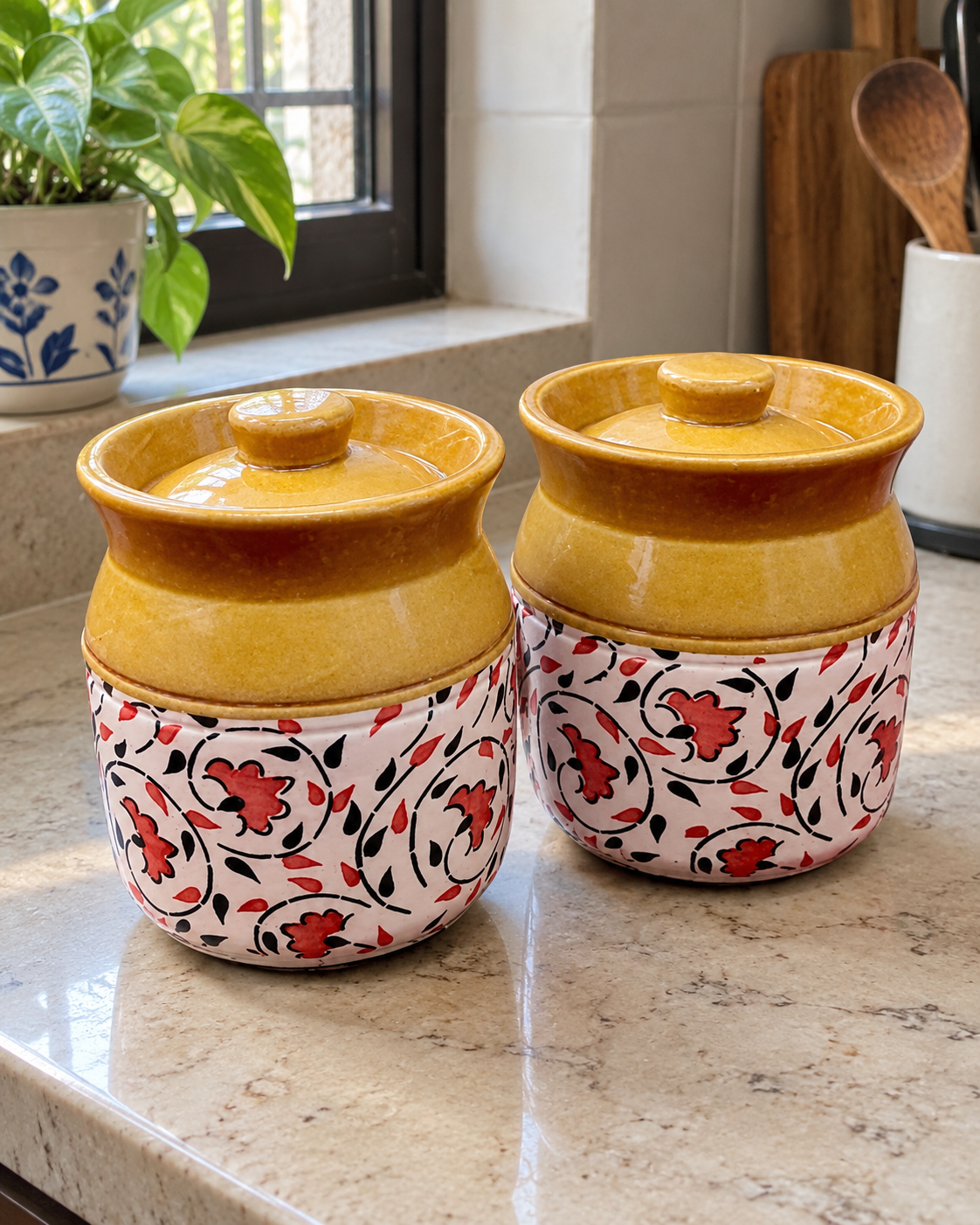 Hand-Painted Floral Ceramic Pickle Jar - 500 ml — styling display; sold individually