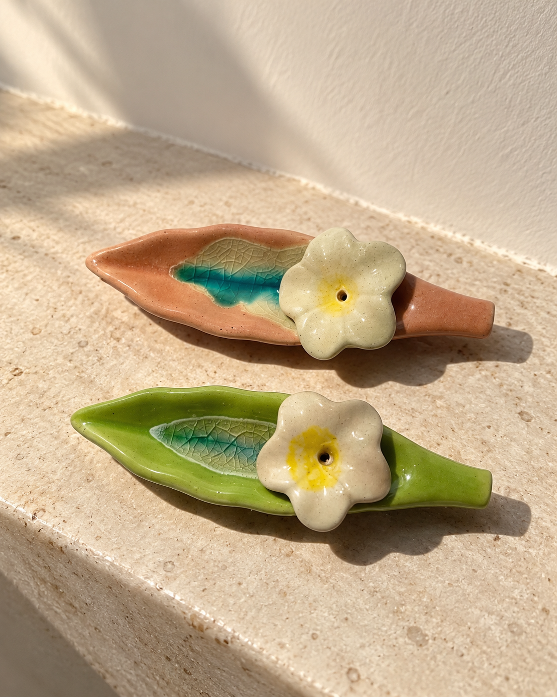 Leaf and Flower Ceramic Incense Holders - Green and Pink, Set of 2, photographed in natural sunlight