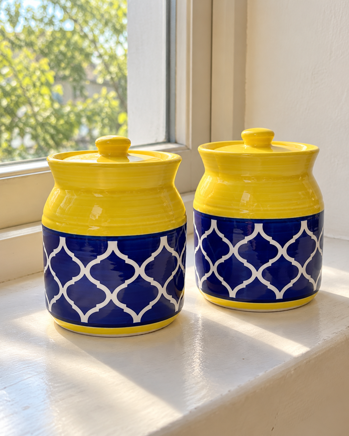 Yellow and Blue Geometric Ceramic Pickle Jar - 500 ml — styling display; sold individually
