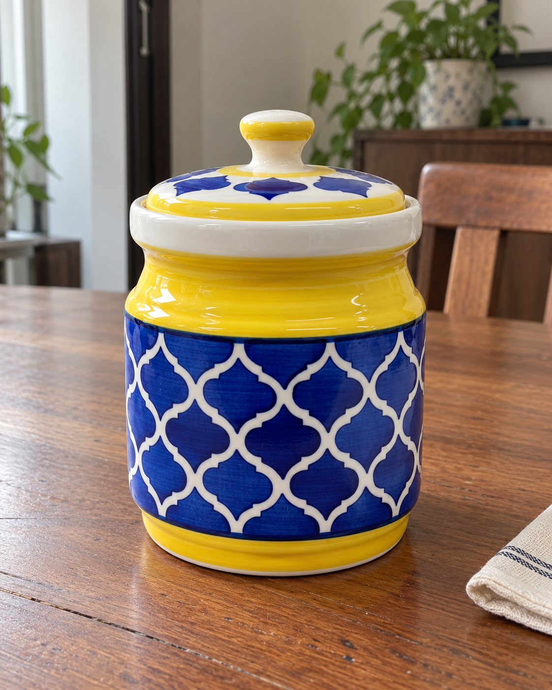 Yellow and Blue Geometric Ceramic Pickle Jar - 1200 ml, styled in a home setting