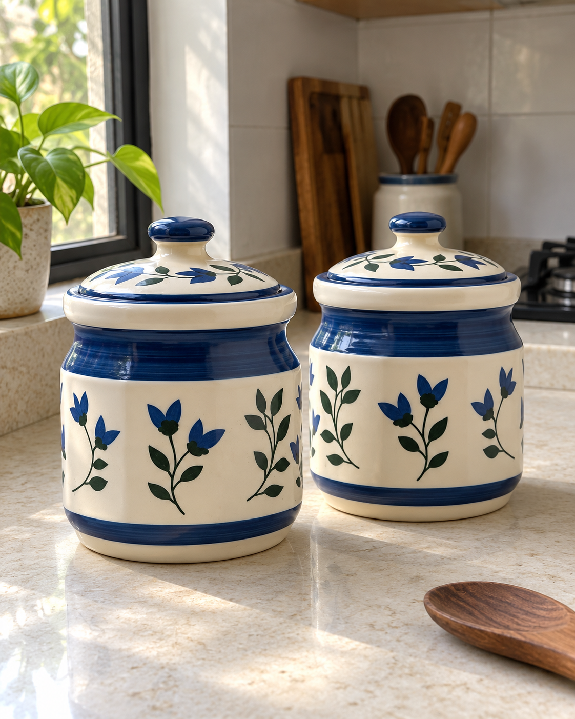 Blue Leaf and Flower Ceramic Pickle Jar - 1200 ml — styling display; sold individually