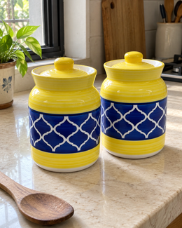 Yellow and Blue Geometric Ceramic Pickle Jar - 1000 ml — styling display; sold individually