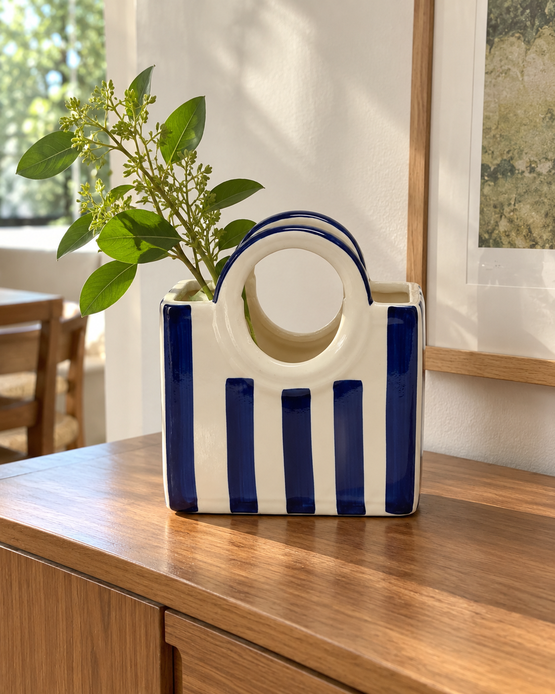 Blue Striped Ceramic Basket Vase, styled in a home setting